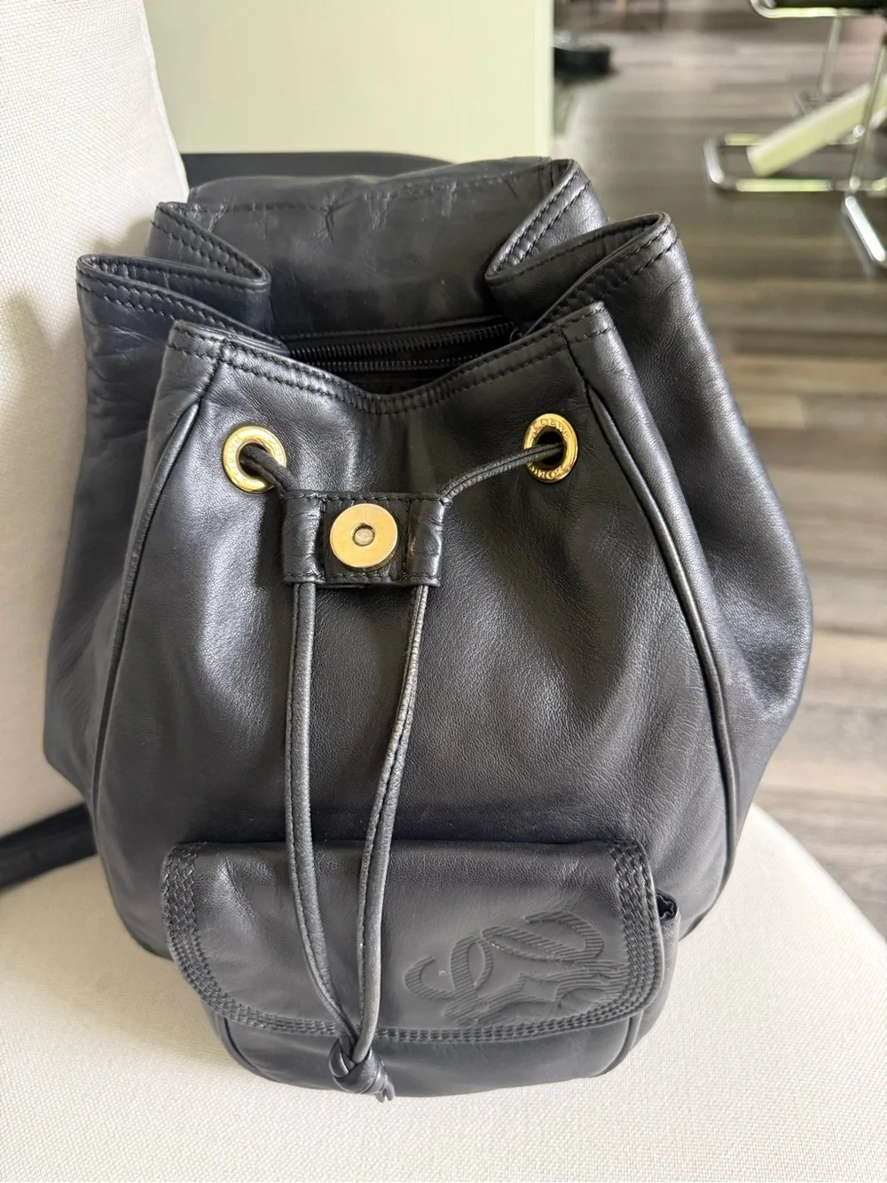 Loewe Vintage Black Nappa Leather Anagram Drawstring Backpack Made in Spain